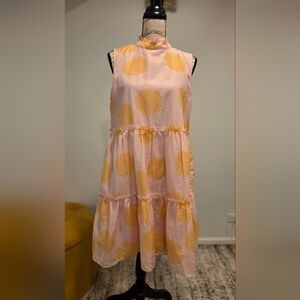 J marie Sleeveless Pink and Yellow Sunburst Dress, Size M.